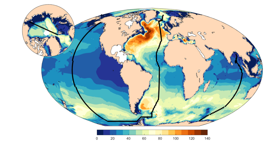Map of the world oceans related to ocean acidification