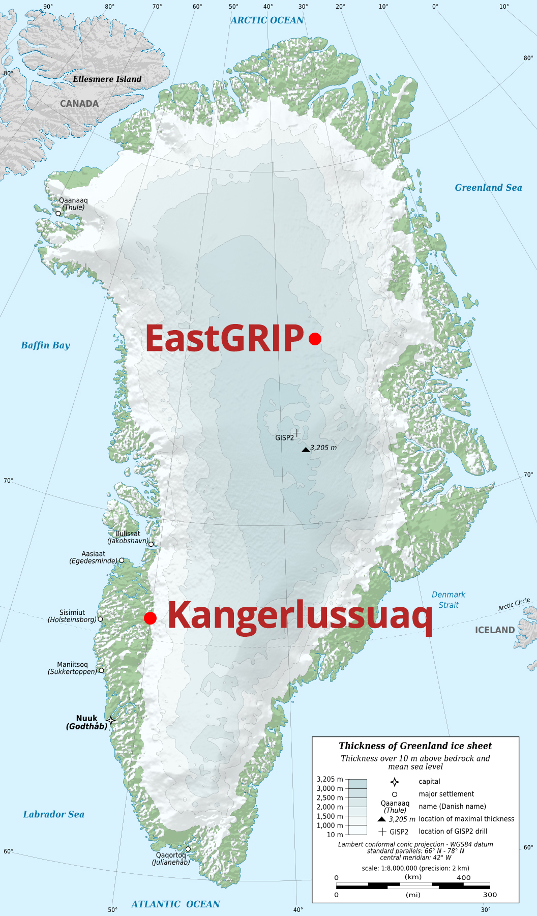 Greenland, with coastal base camp Kangerlussuaq and EastGRIP camp marked.