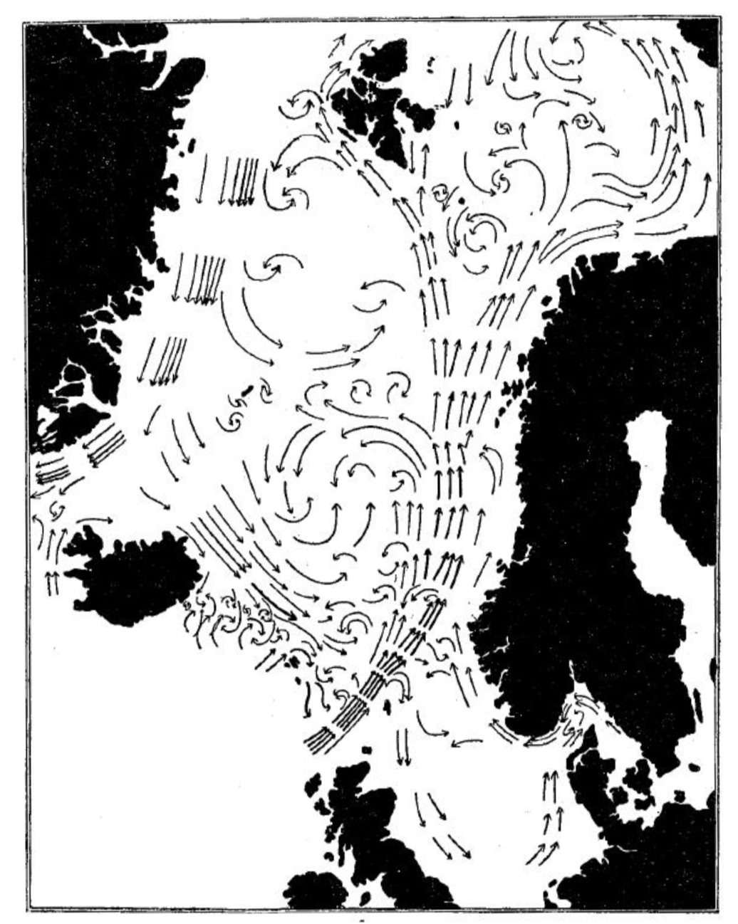 Kart over Norskehavet og dets havstrømmer. Den norske atlanterhavsstrømmen strømmer nordover langs norskekysten mot Arktis. Illustrasjoner: Helland-Hansen og Nansen (1909).