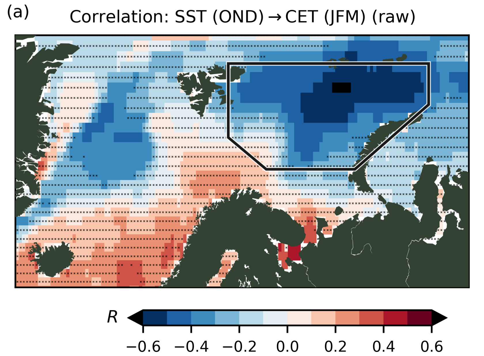 This picture shows the correlation between SSTs in the Arctic, averaged from October to December, and CET averaged from January to March during the period from October 1979 to March 2017.